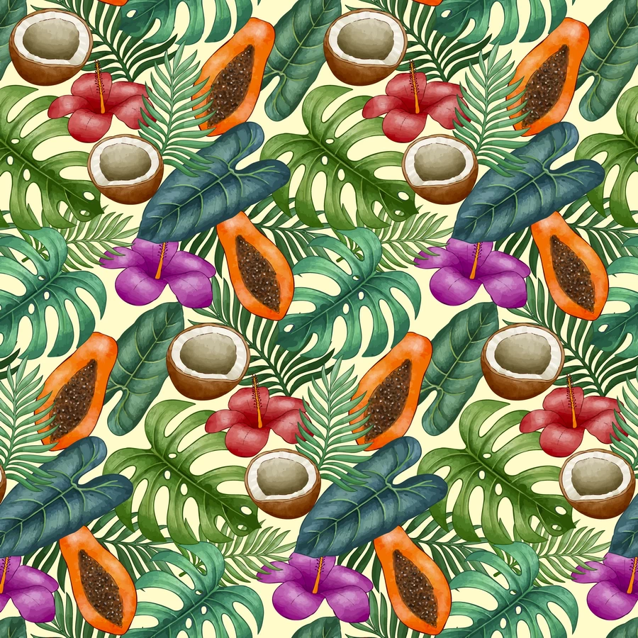 手绘水粉水果植物花朵树叶元素无缝背景图片插画AI矢量设计素材【020】